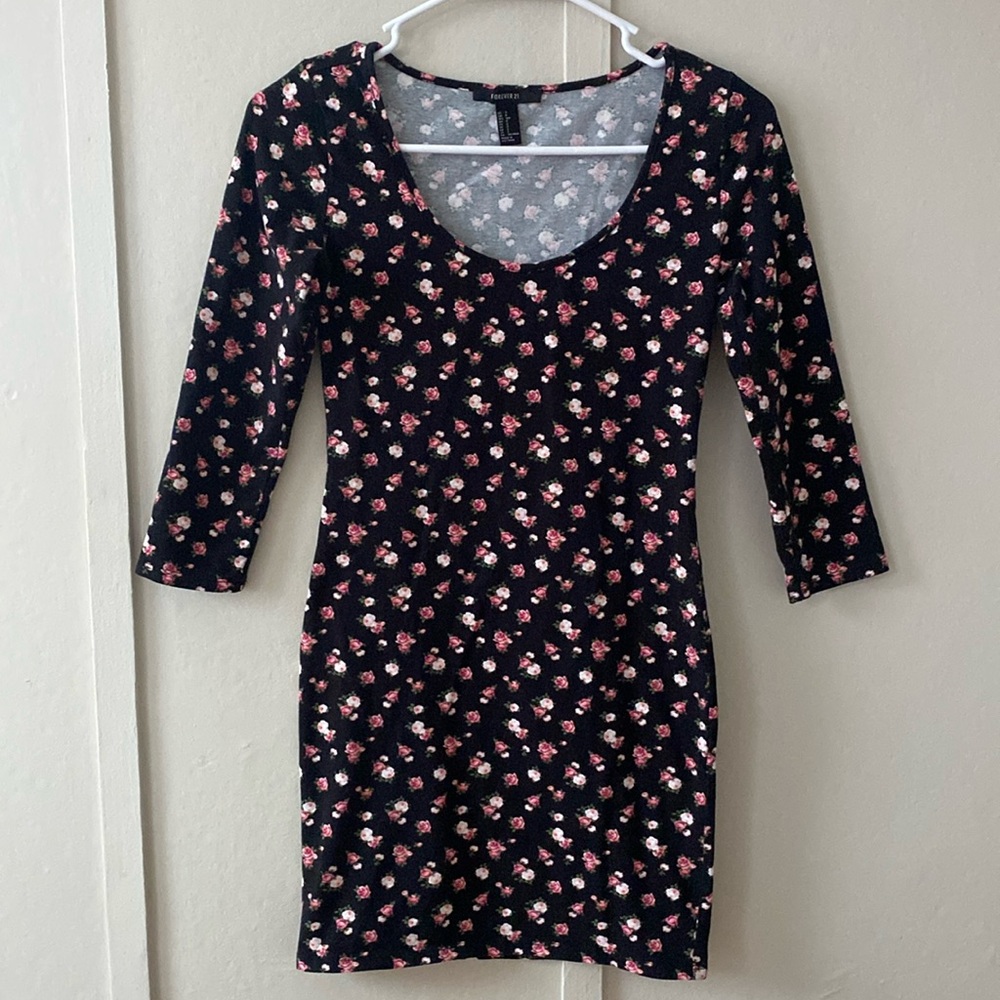 Forever 21 Black Floral Bodycon Dress, Size Small